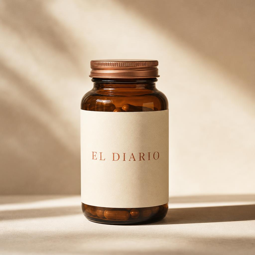 Amber glass bottle of Mírate daily multivitamin on a cream background